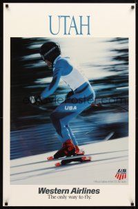 4j345 WESTERN AIRLINES UTAH travel poster '80s great image of Olympic skier!
