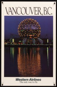 4j346 WESTERN AIRLINES VANCOUVER B.C. travel poster '80s cool image of Science World dome!