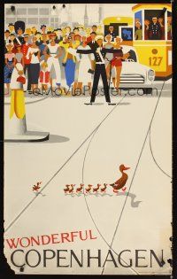 4j382 WONDERFUL COPENHAGEN Danish travel poster '61 cute Vagnby art of ducks crossing road!