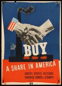 4j212 BUY A SHARE IN AMERICA 20x28 WWII war poster '41 Atherton artwork of shaking hands!