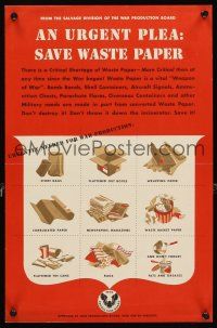 4j248 URGENT PLEA SAVE WASTE PAPER 12x19 WWII war poster '40s list of things not to throw away!