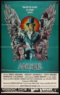 4m044 ANGELS local theater midnight show 1sh '76 Death is music to their ears, cool Melo artwork!