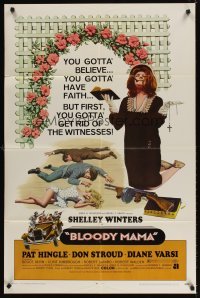 4m096 BLOODY MAMA 1sh '70 Roger Corman, AIP, crazy Shelley Winters w/Bible and tommy gun!