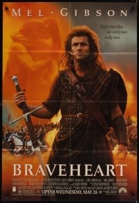 4m112 BRAVEHEART advance 1sh '95 cool image of Mel Gibson as William Wallace!