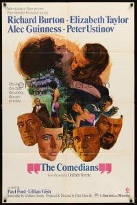 4m176 COMEDIANS style B 1sh '67 art of Richard Burton, Elizabeth Taylor, Alec Guinness & Ustinov!