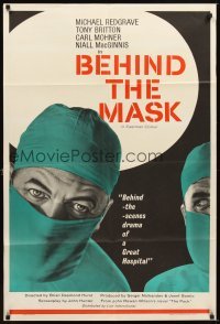 4m073 BEHIND THE MASK English 1sh '58 cool close up artwork of doctor Michael Redgrave!