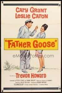4m278 FATHER GOOSE 1sh '65 art of sea captain Cary Grant yelling at pretty Leslie Caron!