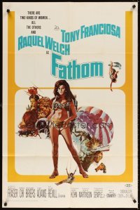 4m280 FATHOM 1sh '67 art of sexy nearly-naked Raquel Welch in parachute harness & action scenes!