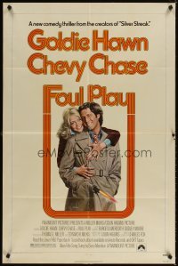 4m312 FOUL PLAY 1sh '78 wacky Lettick art of Goldie Hawn & Chevy Chase, screwball comedy!