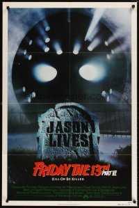 4m318 FRIDAY THE 13th PART VI 1sh '86 Jason Lives, cool image of hockey mask & tombstone!