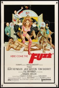 4m324 FUZZ 1sh '72 wacky art of naked Burt Reynolds & sexiest cop Raquel Welch!