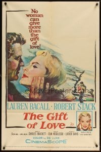 4m330 GIFT OF LOVE 1sh '58 great romantic close up art of Lauren Bacall & Robert Stack!