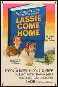 4m458 LASSIE COME HOME style C 1sh '43 great artwork of young Roddy McDowall & his beloved Collie!