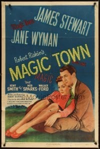 4m496 MAGIC TOWN style A 1sh '47 romantic close up of pollster James Stewart & pretty Jane Wyman!