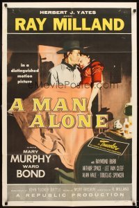 4m501 MAN ALONE 1sh '55 art of star & director Ray Milland carrying Mary Murphy!