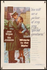4m552 MIRACLE IN THE RAIN 1sh '56 great romantic art of Jane Wyman & Van Johnson!