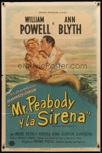 4m574 MR. PEABODY & THE MERMAID Spanish/U.S. 1sh '48 romantic art of William Powell & mermaid Ann Blyth!