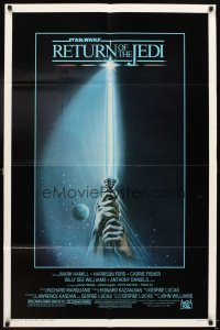 4m738 RETURN OF THE JEDI 1sh '83 George Lucas classic, great art of hands holding lightsaber!