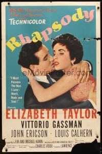 4m748 RHAPSODY 1sh '54 Elizabeth Taylor must possess Vittorio Gassman, heart, body & soul!