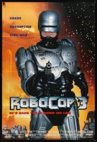 4m761 ROBOCOP 3 int'l DS 1sh '93 great close up of cyborg cop Robert Burke pointing gun!