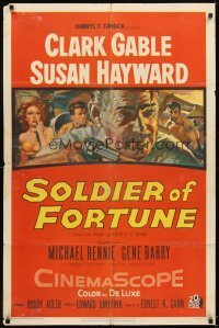 4m824 SOLDIER OF FORTUNE 1sh '55 art of Clark Gable shooting gun, plus sexy Susan Hayward!