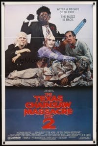 4m895 TEXAS CHAINSAW MASSACRE PART 2 family style 1sh '86 Tobe Hooper horror sequel, cast portrait!