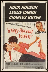 4m942 VERY SPECIAL FAVOR 1sh '65 Charles Boyer, Rock Hudson tries to unwind sexy Leslie Caron!