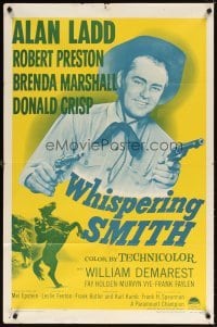 4m962 WHISPERING SMITH 1sh R56 close-up of cowboy Alan Ladd with two six-shooters!