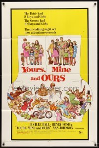 4m995 YOURS, MINE & OURS 1sh '68 art of Henry Fonda, Lucy Ball & their 18 kids by Frank Frazetta!