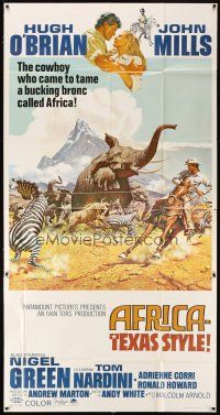 4s543 AFRICA - TEXAS STYLE 3sh '67 art of Hugh O'Brian roping zebra by stampeding animals!