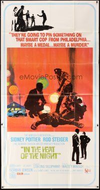 4s683 IN THE HEAT OF THE NIGHT 3sh '67 Sidney Poitier, Rod Steiger, Warren Oates, cool crime art!