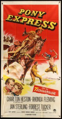 4s765 PONY EXPRESS 3sh '53 great art of Charlton Heston as Buffalo Bill on horseback!