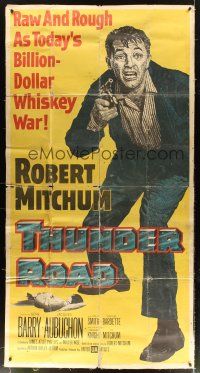 4s834 THUNDER ROAD linen 3sh '58 great full-length artwork of moonshiner Robert Mitchum with gun!