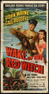 4s862 WAKE OF THE RED WITCH 3sh R52 art of barechested John Wayne & Gail Russell at ship's wheel!