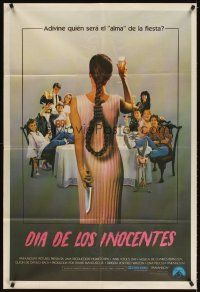 4s121 APRIL FOOLS DAY Argentinean '86 wacky horror, great image of girl with knife & noose hair!