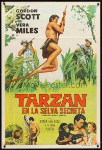 4s209 TARZAN'S HIDDEN JUNGLE Argentinean '55 artwork of Gordon Scott as Tarzan swinging on vine!