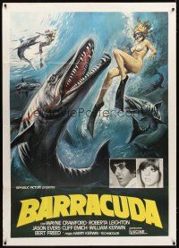 4s331 BARRACUDA Italian 1p '78 great artwork of huge killer fish attacking sexy diver in bikini!