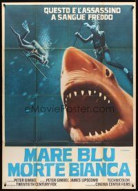 4s339 BLUE WATER, WHITE DEATH red shark Italian 1p '71 art of red shark & divers by Fiorenzi!