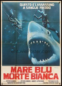 4s340 BLUE WATER, WHITE DEATH blue shark style Italian 1p '71 art of blue shark & divers by Fiorenzi!