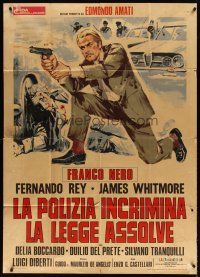4s403 HIGH CRIME Italian 1p '73 art of Italian cop Franco Nero kneeling & firing his gun!