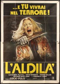 4s026 BEYOND Italian 2p '81 Lucio Fulci, disturbing art of girl getting throat slashed by Sciotti!