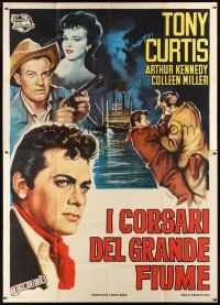 4s079 RAWHIDE YEARS Italian 2p '55 different art of riverboat gambler Tony Curtis by De Amicis!