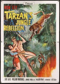 4s096 TARZAN'S JUNGLE REBELLION Italian 2p '71 cool art of Ron Ely swinging on vine with woman!