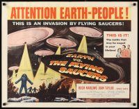 4t034 EARTH VS. THE FLYING SAUCERS style A 1/2sh '56 art of UFOs & aliens, Attention Earth-People!