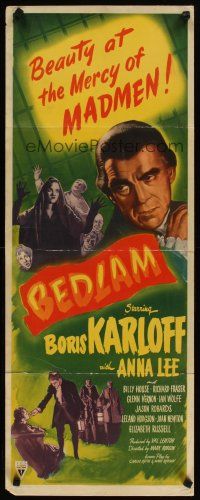 4t089 BEDLAM insert '46 artwork of madman Boris Karloff, produced by Val Lewton!