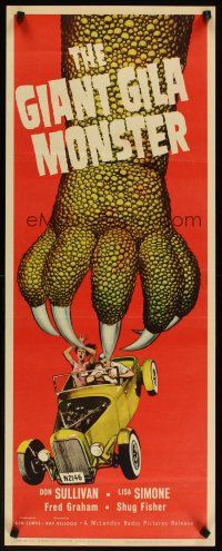 4t109 GIANT GILA MONSTER insert '59 classic art of giant monster hand grabbing teens in hot rod!