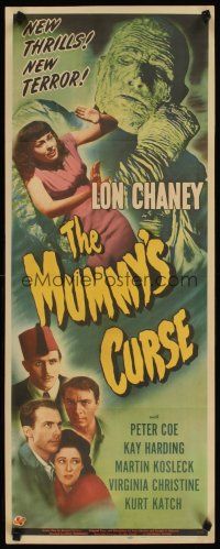 4t122 MUMMY'S CURSE insert '44 great image of bandaged Lon Chaney Jr. menacing pretty girl!