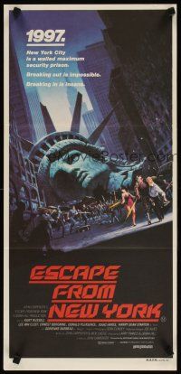 4w953 ESCAPE FROM NEW YORK Aust daybill '81 Carpenter, art of decapitated Lady Liberty by Barry E. Jackson