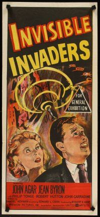 4w969 INVISIBLE INVADERS Aust daybill '59 cool art of alien who gives Earth 24 hours to surrender!