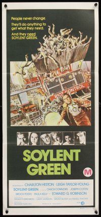 4w988 SOYLENT GREEN Aust daybill '73 Charlton Heston trying to escape riot control by John Solie!